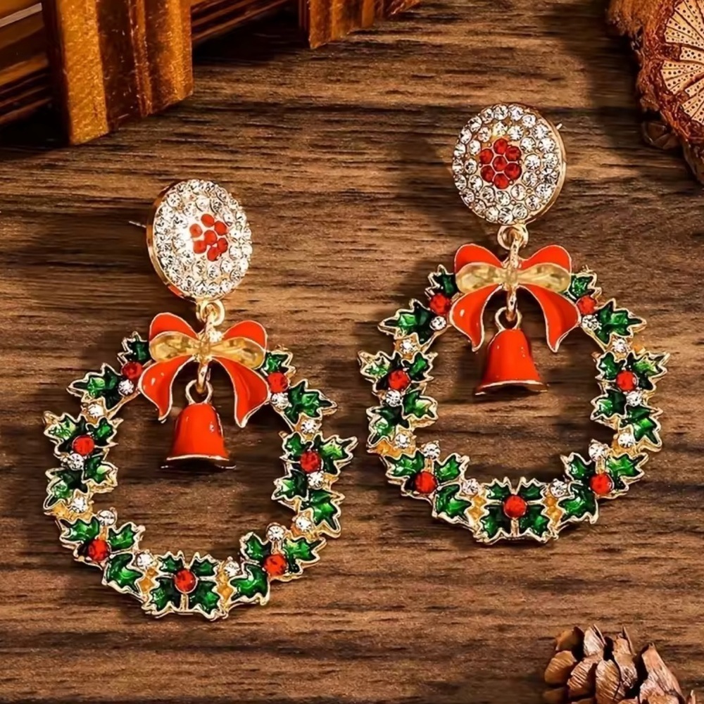 Christmas Wreath Earrings with Red Bell & Bow Holiday Statement Jewelry - Picture 7 of 7